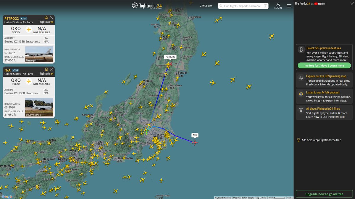 AIYeyENGDdJkjTr's tweet photo. Aug. 1, 2025
#Tokyo Yokota Air Base ==> #East sea of Japan

#PETRO22 #AE0147 USAF KC-135R Stratotanker 
#NoCALLSIGN #AE042B USAF KC-135R Stratotanker https://t.co/38gbKJlo3h