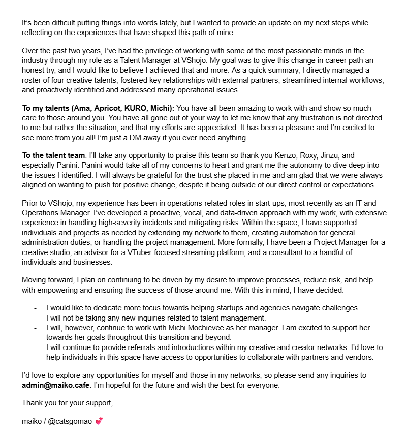 An update from me - moving on from recent events and my next steps moving forward.

This is a bit late but haven't had much time to sort out my thoughts, thank you everyone for the support throughout all of this and here's to the future!