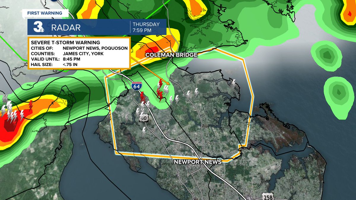 DerrahGetter's tweet image. Severe Thunderstorm Warning until 7/31 8:45PM for City of Newport News, City of Poquoson, James City, York
wtkr.com/weather #FirstWarn3