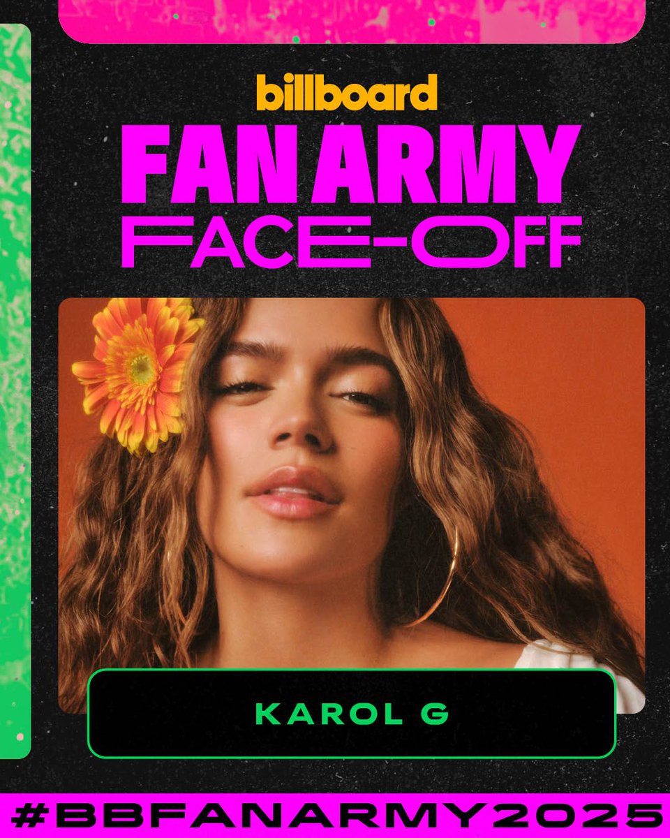 billboard's tweet photo. Will Karol G’s #Bichotas take the crown? 👑

Vote now in Round 3 of #BBFanArmy2025: https://t.co/GTyIWXHkFm https://t.co/owGwx39W9a