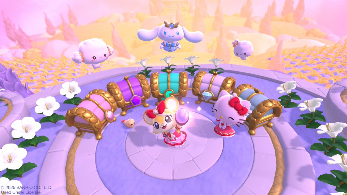 SunblinkGameDev's tweet photo. Behold: the magical world of Wheatflour Wonderland! Beautiful golden chests, sparkling gems, and fields of wheat! 🌾 See the incredible beauty of Wheatflour Wonderland on 9/18 on @HelloKitty Island Adventure ✨ 
#Hellokittyislandadventure #cozygame #WheatflourWonderland #Cogimyun https://t.co/e8o3t2r466