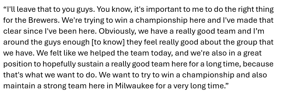AdamMcCalvy's tweet image. Every year since Sabathia the Brewers GM has been asked a version of, "Do you wish you could have done more at the Deadline?" So, I asked that to Matt Arnold. How would he grade himself today?

Here's how he responded: