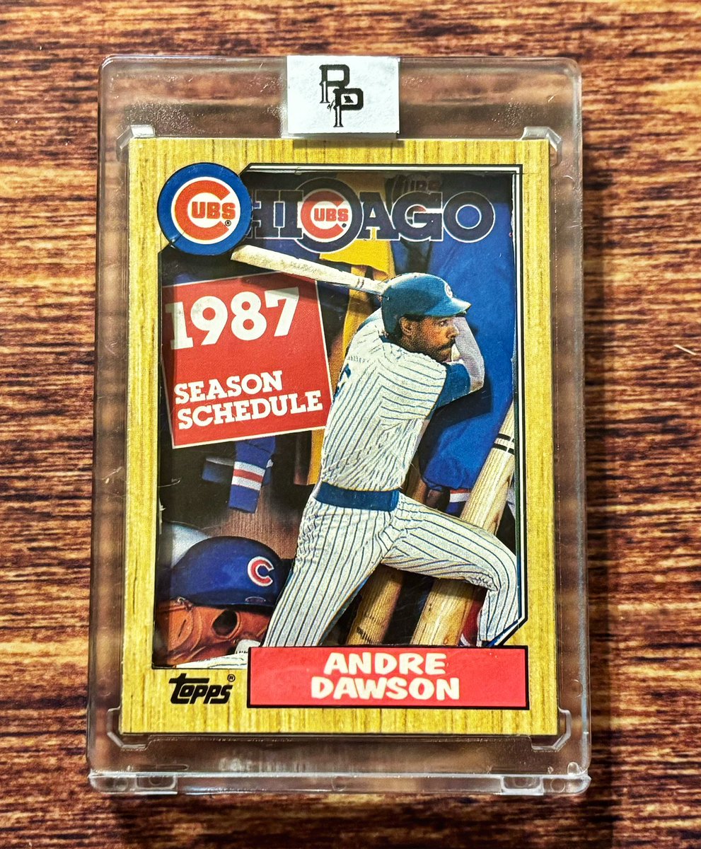 rpbailey78's tweet image. A tribute to The Hawk’s MVP season! This handcrafted custom card fuses vintage Topps woodgrain with a Chicago Cubs ’87 pocket schedule — the very year Dawson crushed 49 HRs and brought home NL MVP honors.

#AndreDawson #CubsLegend #CustomCard #BaseballCards #TheHawk #1987Vibes
