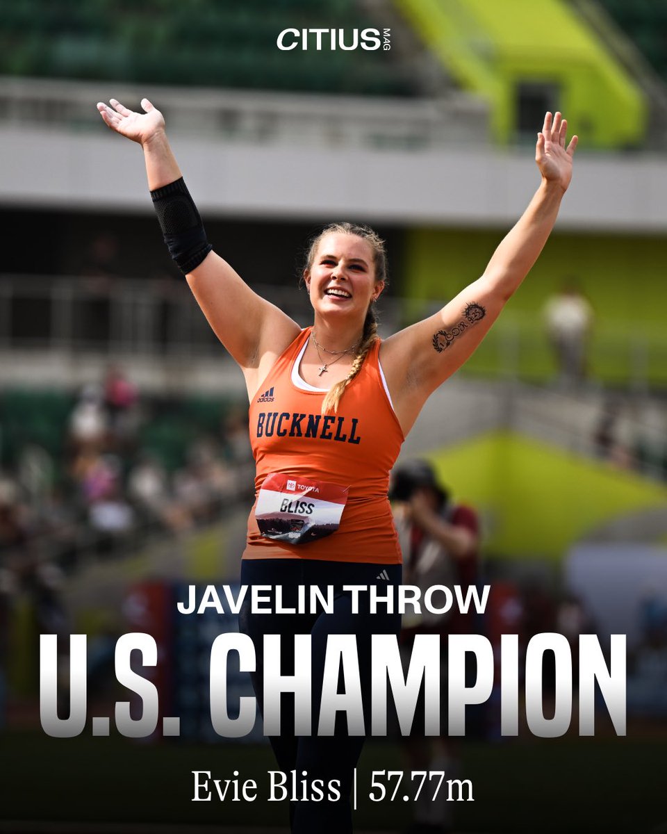 CITIUS MAG (@citiusmag) on Twitter photo Nothing but BLISS 🤗
Evie Bliss of <a href="/Bucknell_TFXC/">Bucknell Track & XC</a> wins the #USATFOutdoor javelin title with a 57.77m in the third round after only finishing 12th at NCAAs.
Bliss is not currently in the World ranking quota but this performance should give her a great boost toward qualification. Nothing but BLISS 🤗
Evie Bliss of <a href="/Bucknell_TFXC/">Bucknell Track & XC</a> wins the #USATFOutdoor javelin title with a 57.77m in the third round after only finishing 12th at NCAAs.
Bliss is not currently in the World ranking quota but this performance should give her a great boost toward qualification.