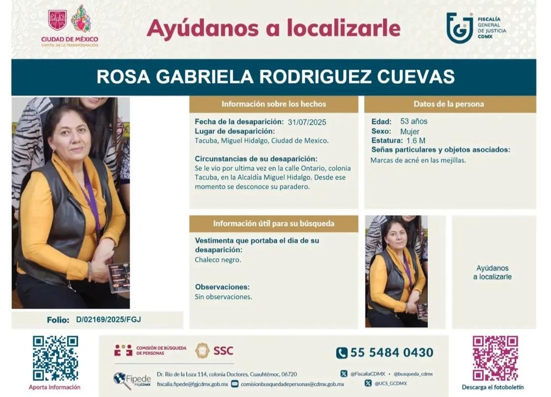 Fam_Unidas_AC's tweet image. #Buscamos ROSA GABRIELA RODRÍGUEZ CUEVAS de 53 años, vista el 31/07/25 en #Alcaldía #MiguelHidalgo #CDMX ¿La has visto? @LaloGonzalezM @inakimanero @reyeslourdes @PatyOlamendi @msalguerb @AyudaSinDudar2 @ManoAmiga_UxMx @warkentin @vivirquintana @luisgoneg @ehiramhurtado @AtaloMO