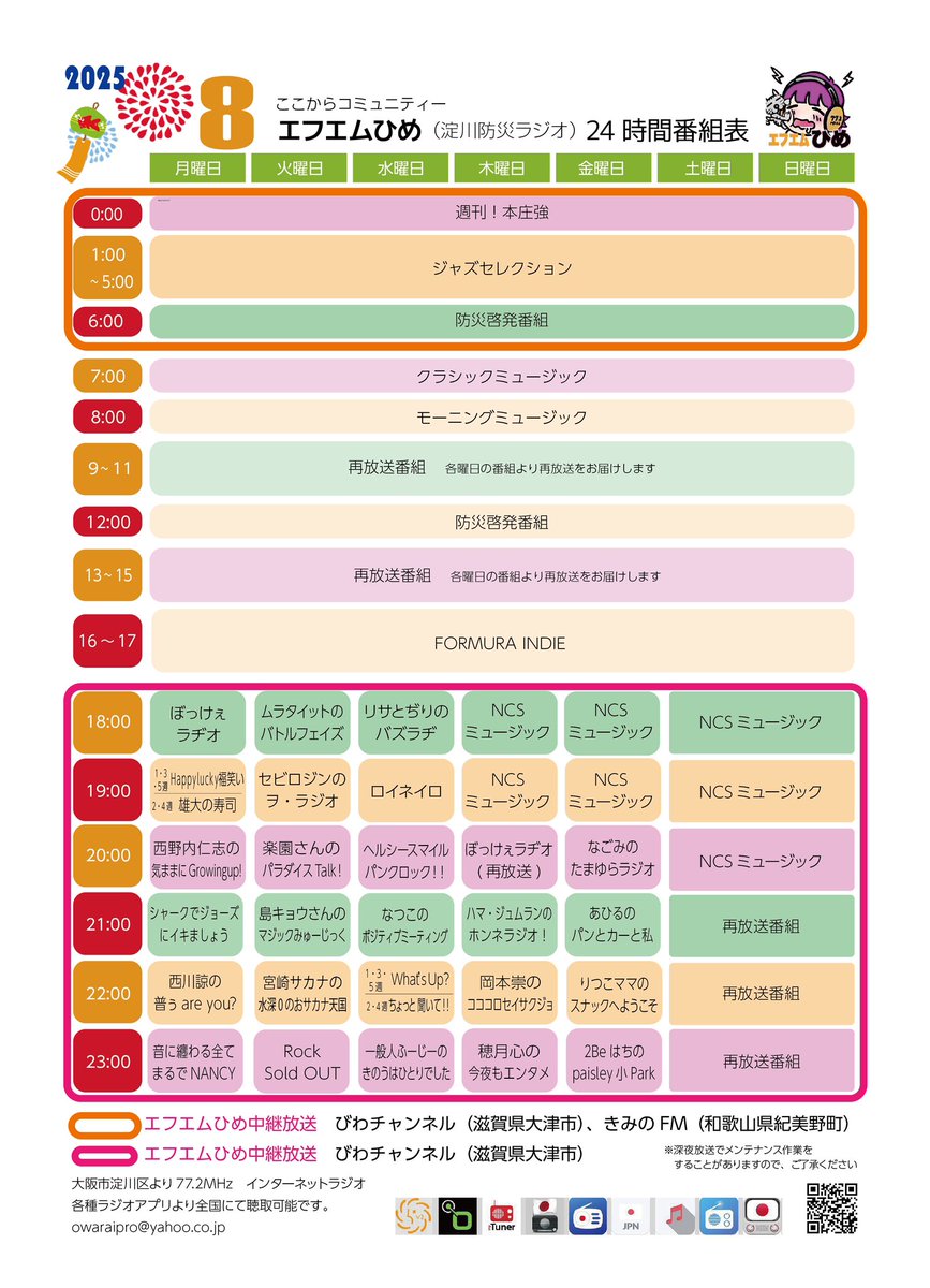 2025年8月の #エフエムひめ 番組表です！
水分補給しながら
ラジオを聴いてくださいね！
、
ミニFM77.2MHz &amp; Android or
iPhone 各種ラジオアプリ　から
エフエムひめ　を選択
、
または下記アドレスから
聴いてくださいね！
us4.internet-radio.com:8059/live
（ひめ美）
#防災ラジオ #パーソナリティー募集
