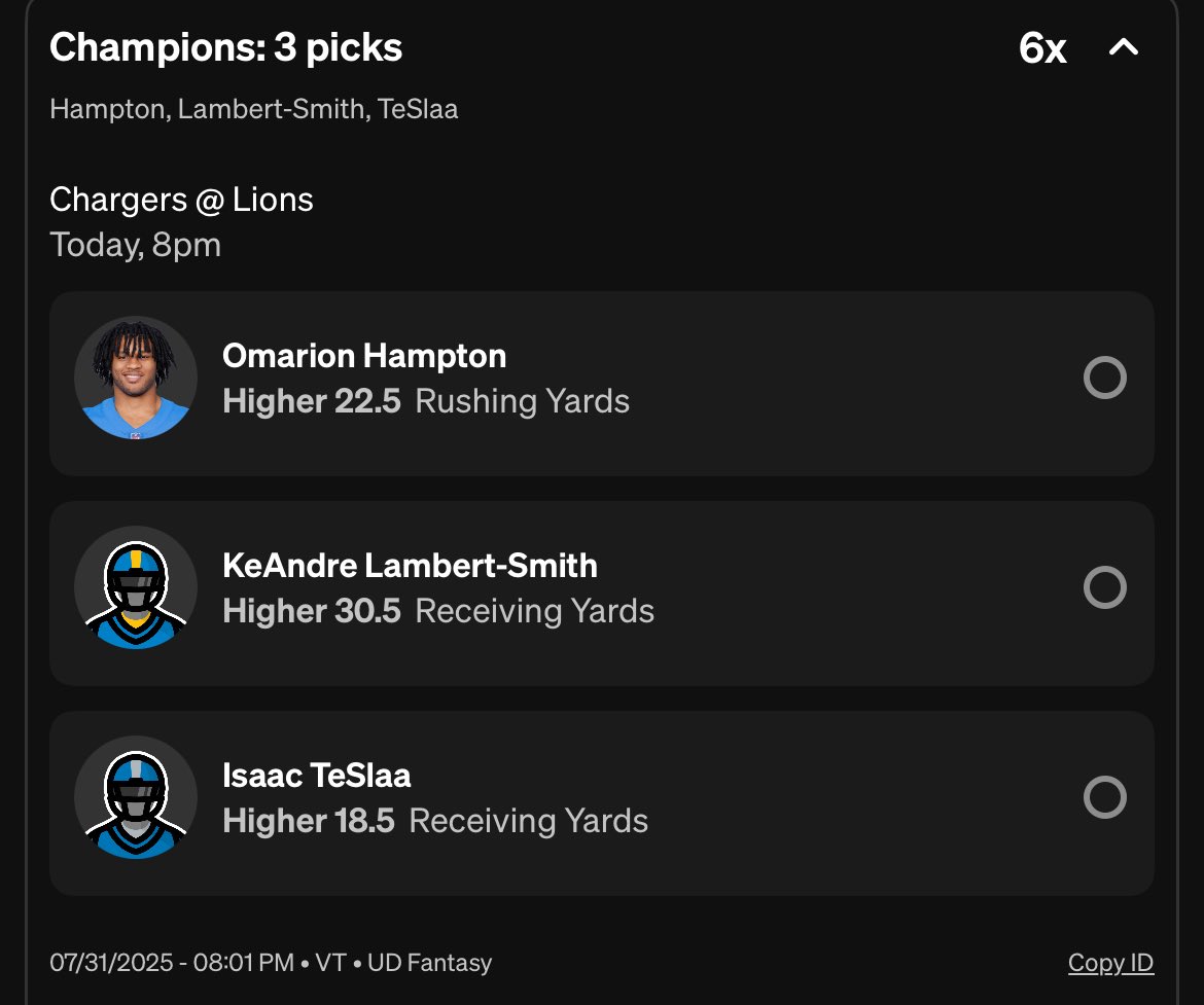 My very first Underdog bets
