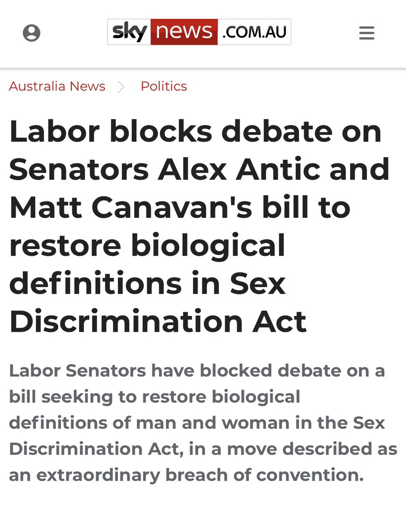 RachaelWongAus's tweet photo. 🚨 Senators @SenatorAntic and @mattjcan tabled a bill which could have restored the sex-based rights of women and girls in Australia.

‼️ But Labor and the Greens BLOCKED it from even going to a first reading.

@AustralianLabor Minister for Women @SenKatyG conceded that first readings were a “normal custom and practice”.

But she said the government would not allow the Senate to become a forum which could enable “harm.”

⁉️ Harm? Why isn’t the ‘Minister for Women’ concerned about the harm being done to women and girls from forcing them to share female-only spaces, services and sports with men who claim to be women? 

Why do Labor and the Greens seemingly have such contempt for women and girls?

🔗 https://t.co/hCJcU8XHAh

📣 Tell our leaders to restore the sex-based rights of women and girls: https://t.co/fw8UarkKmn

cc: @AlboMP @Mark_Butler_MP @sussanley

#SexMatters #SexNotGender #XX #AusPol