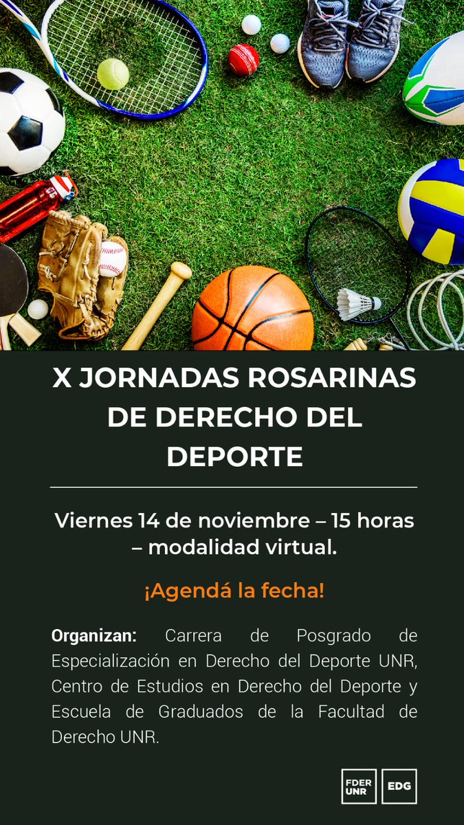 ➡️ El 14 de noviembre celebramos una nueva edición de las tradicionales Jornadas Rosarinas de Derecho del Deporte de @fder.unr
➡️ Desde el 2016 vienen realizándose de manera ininterrumpida.
➡️ Reservá la fecha. A la brevedad mayor información.