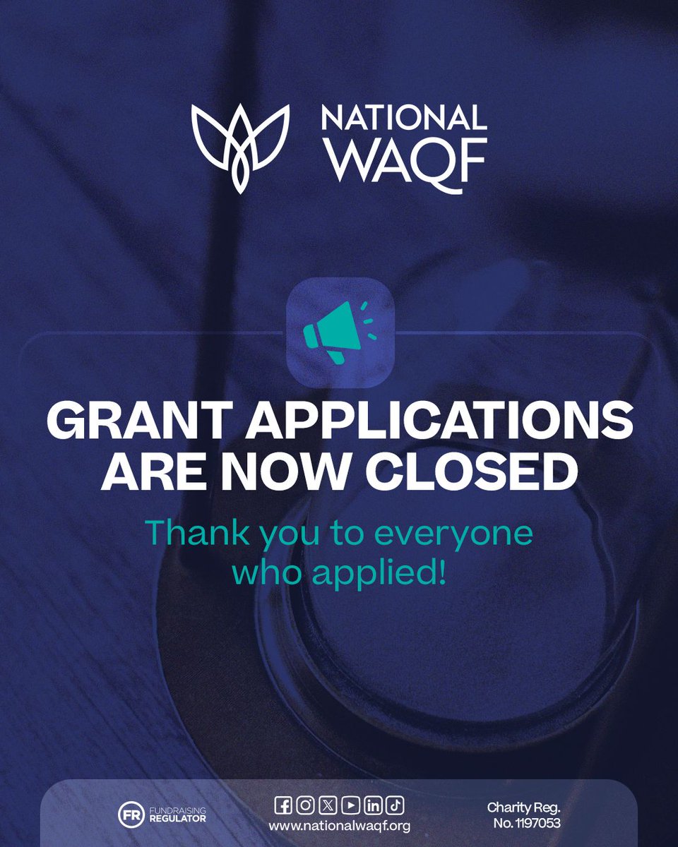 🚨 Grant applications are now officially CLOSED!
A heartfelt thank you to everyone who applied.

Our team will now begin the review process InshaAllah. 

Let’s continue building a legacy through Waqf. 🌱

#NationalWaqf #Waqf #SadaqahJariyah #IslamicGrants #Charity #LegacyGiving