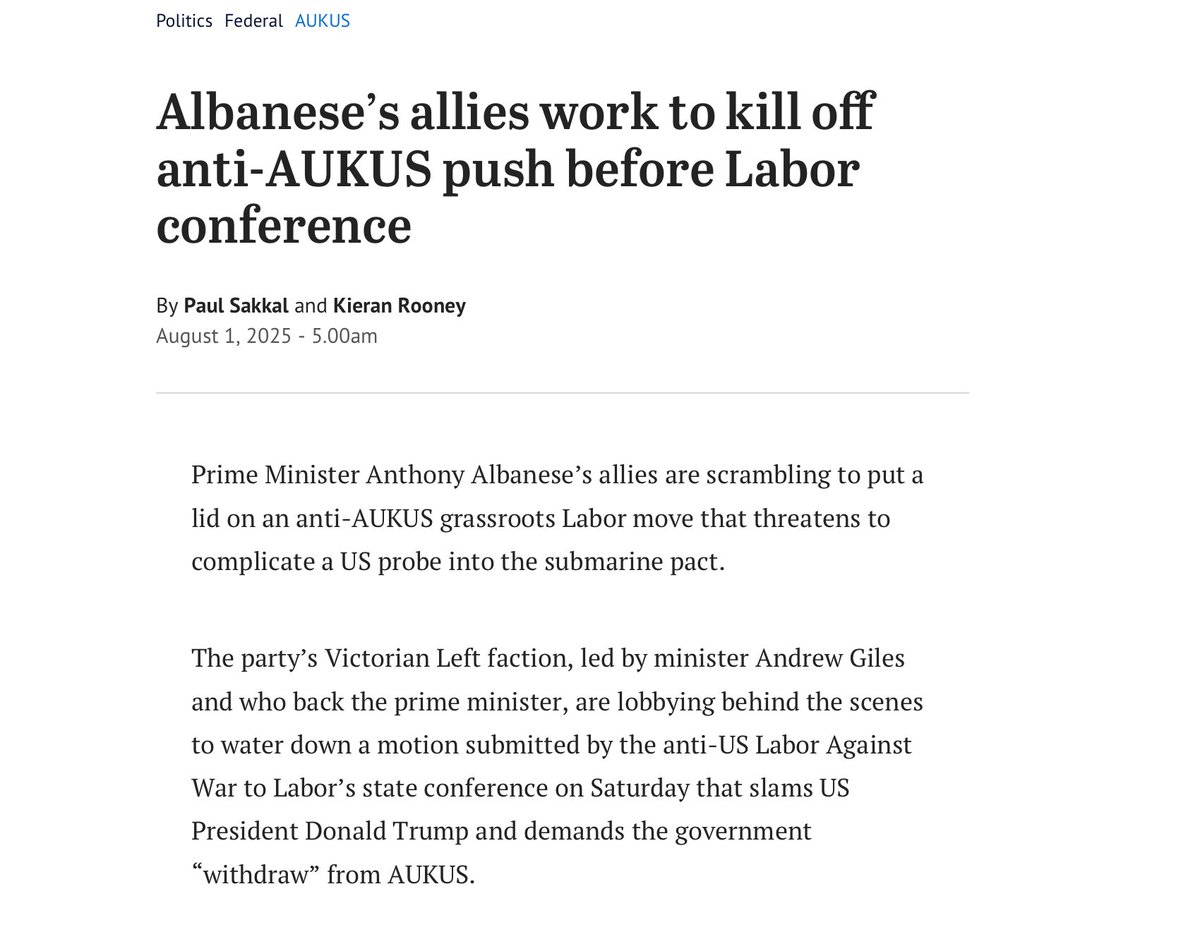 Labor Against War (@labagainstwar) on Twitter photo We have the support of the rank and file to put the case against AUKUS to the <a href="/VictorianLabor/">Victorian Labor</a> state conference this weekend. Of course the party apparatchiks will move heaven and earth to stop a debate. We refuse to be silenced.
theage.com.au/politics/feder… We have the support of the rank and file to put the case against AUKUS to the <a href="/VictorianLabor/">Victorian Labor</a> state conference this weekend. Of course the party apparatchiks will move heaven and earth to stop a debate. We refuse to be silenced.
theage.com.au/politics/feder…