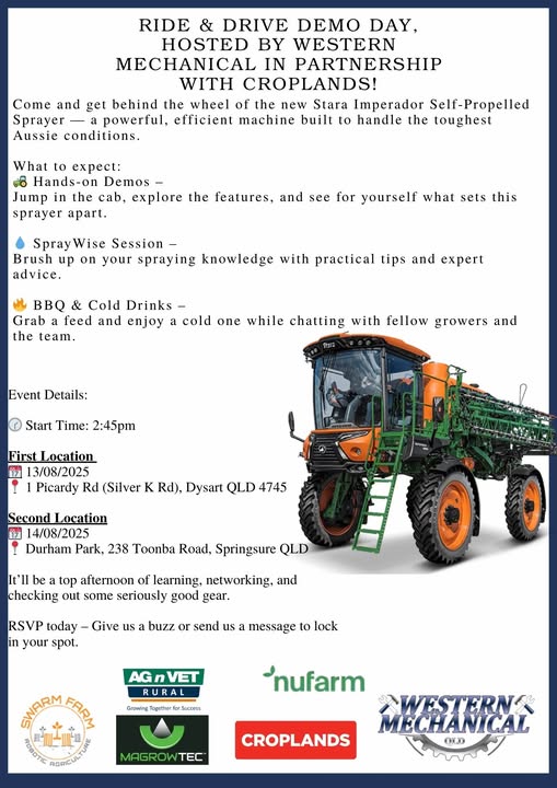 Queensland farmers, see the picture attached and put some space in your calendars those days! 

Big couple of demo days approaching for the Stara Imperador as well as some Spraywise sessions and some BBQs.

Get involved - send us a message to RSVP and we'll see you there.