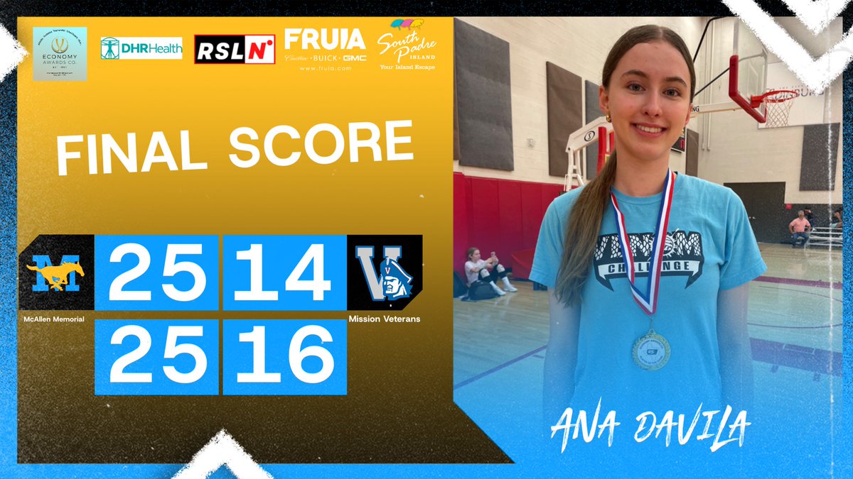The Economy Awards, LLC Player of the Game brought to you by Luke Fruia Motors goes to Ana Davila of McAllen Memorial helping the Lady Mustangs to a 2-0 win over Mission Veterans. Set 1: 25-14, Set 2: 25-16

#RSLVolleyball
“Brought to you in part by T-Mobile. Now serving