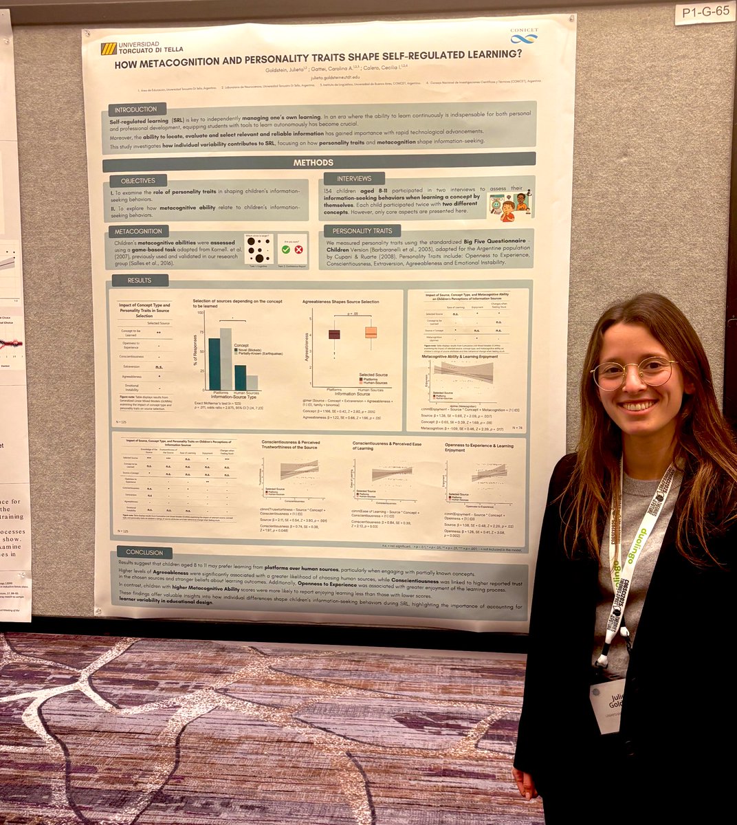 CeciliaCalero's tweet photo. Hoy @Goldstein_Juli presentó su poster: “How Metacognition and Personality Traits Shape Self-Regulated Learning?” en la primera sección de poster de CogSci 2025 👏👏👏👏

@cogsci_soc 
@utditella @UTDT_Gobierno @CEPEDiTella https://t.co/MwMEZKXjE3