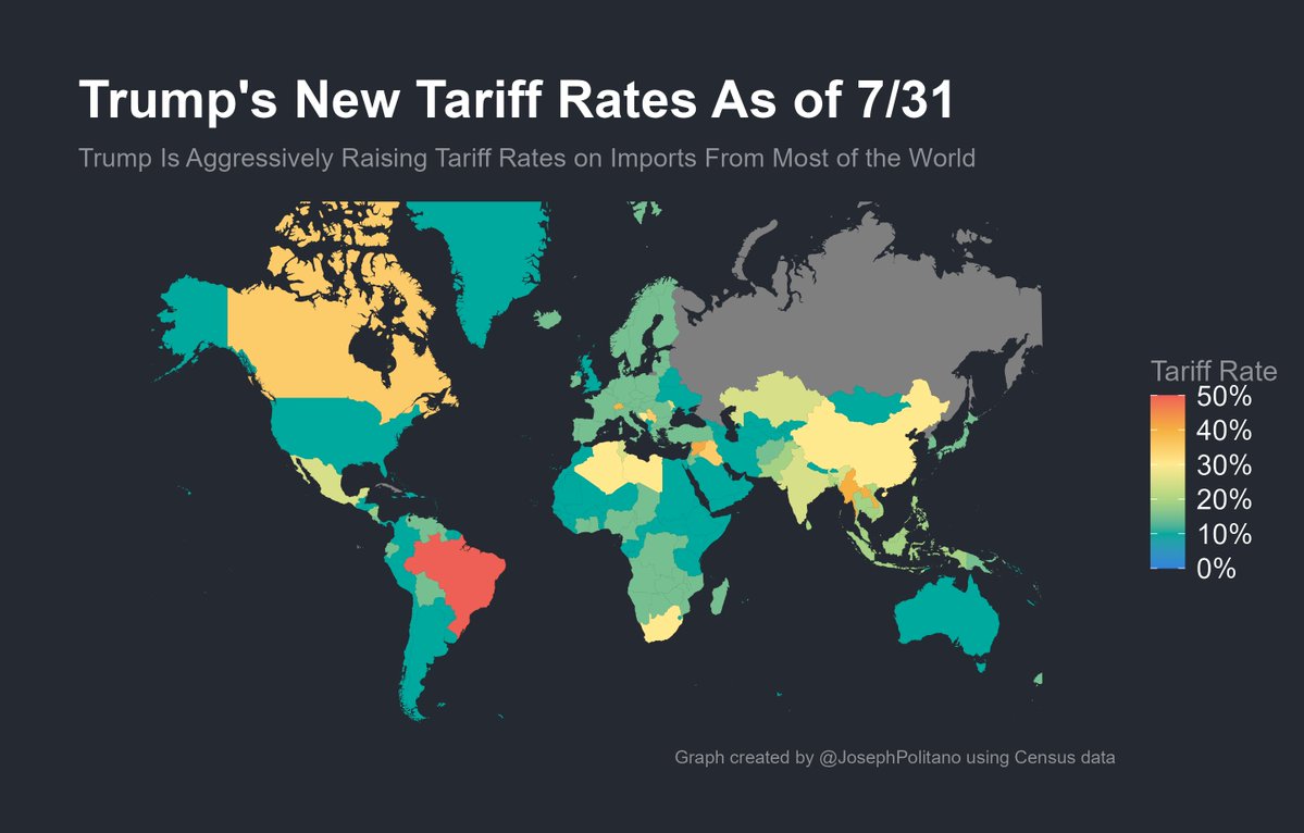 Here's what Trump's new tariff hikes look like—another 5% on major allies like the EU, Japan, &amp; South Korea. Another 10% on large trading partners like India, Vietnam, &amp; Canada. Some rather insane choices like 39% tariffs on Switzerland, 41% on Syria, and of course 50% on Brazil.