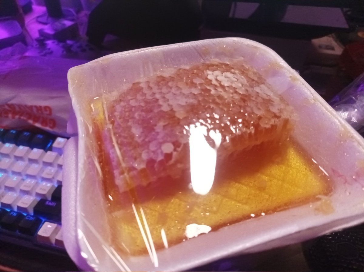 Anglemarsaurio's tweet photo. Hacer stream es una cosa bonita por qué te pagan por hacer nada y encima te tienen cariño, mencioné que quería probar la miel y un muchacho del chat me mandó un pedazo gigante de panal con un bote enorme de miel, muchas gracias Dino, te quiero mucho 🤧 https://t.co/pXNl4HGNqH