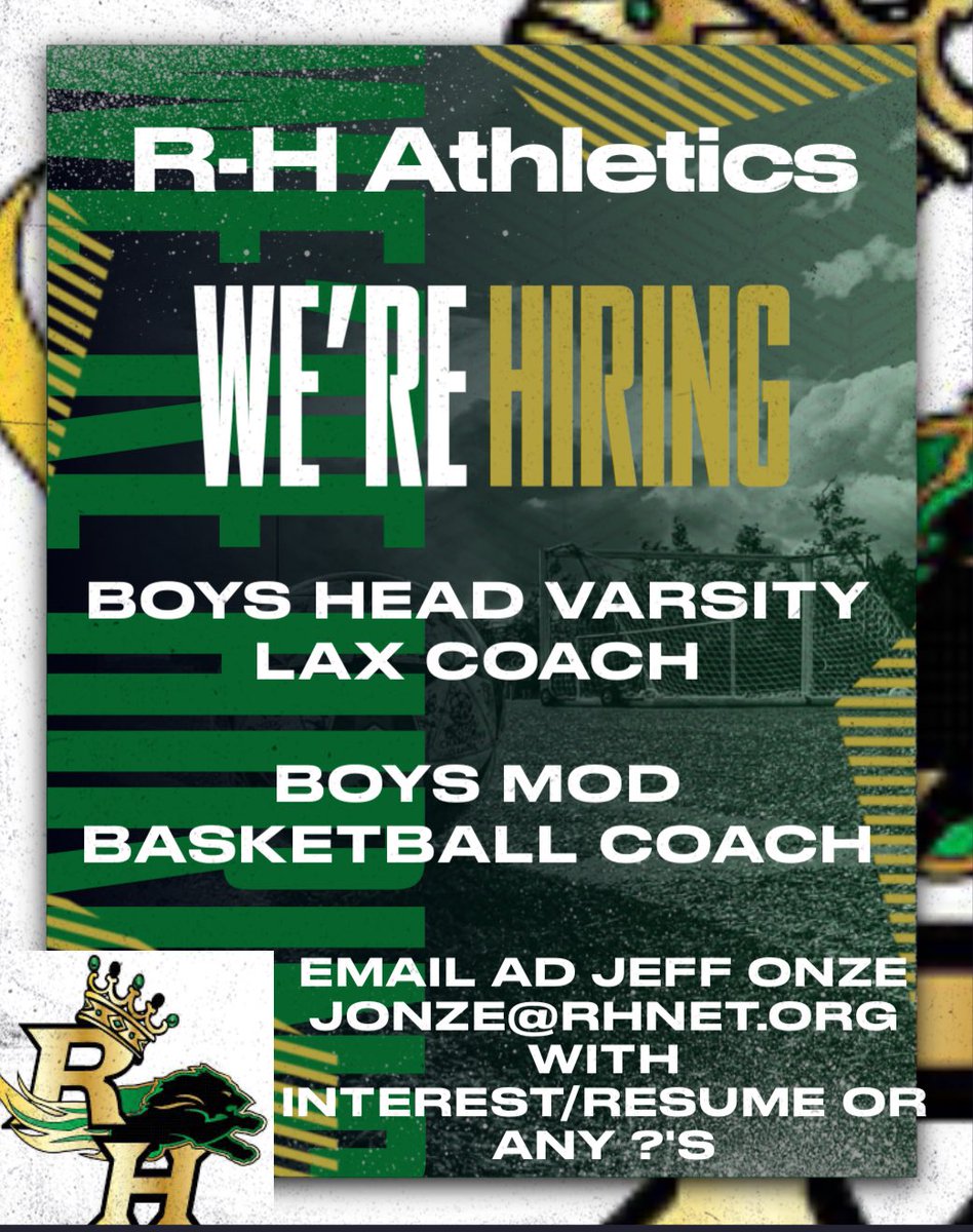 Rush-Henrietta Athletics (@rushathletics) on Twitter photo Email <a href="/rhschools/">rhschools</a> AD Jeff Onze with interest. Deadline for <a href="/RHBoysLax/">R-H Boys Lacrosse</a> Coach interest is August 15.
<a href="/PrimetimeBall_/">Primetime585⭕️</a>
<a href="/MCPSAC/">MCPSAC</a>
<a href="/SecVBoysLax/">Section V Boys Lacrosse</a> Email <a href="/rhschools/">rhschools</a> AD Jeff Onze with interest. Deadline for <a href="/RHBoysLax/">R-H Boys Lacrosse</a> Coach interest is August 15.
<a href="/PrimetimeBall_/">Primetime585⭕️</a>
<a href="/MCPSAC/">MCPSAC</a>
<a href="/SecVBoysLax/">Section V Boys Lacrosse</a>