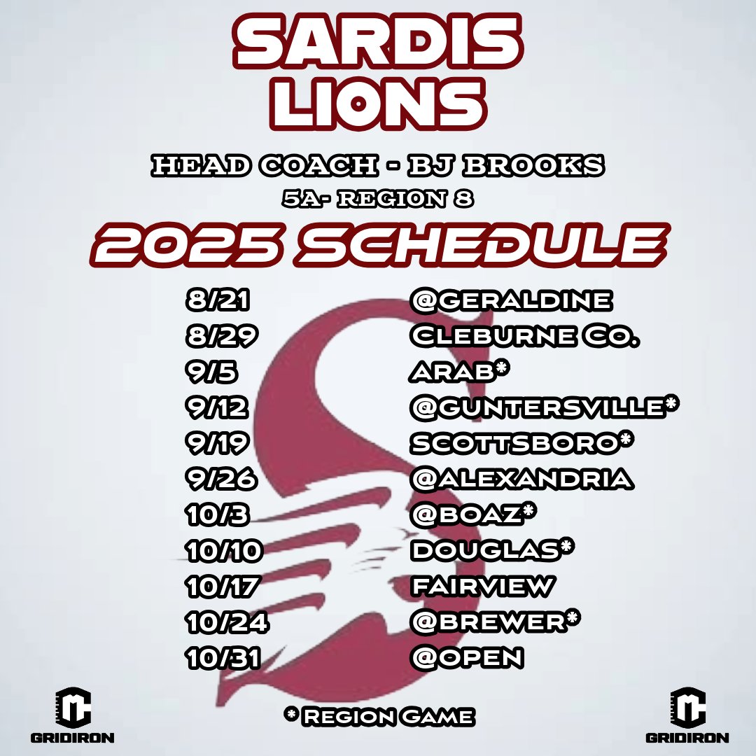 Sardis Lions' 2025 Football Schedule
Presented By: 93.5FM WBSA