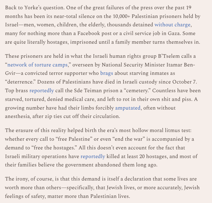 jasper nathaniel (@infinite__jaz) on Twitter photo I maintain that one of the biggest reasons we can’t have a coherent discourse on I/P is the media’s refusal to cover Israel’s prison system—a network of torture camps holding 1000s of Palestinian men, women & children w/o charge—while breathlessly covering the hostages in Gaza. I maintain that one of the biggest reasons we can’t have a coherent discourse on I/P is the media’s refusal to cover Israel’s prison system—a network of torture camps holding 1000s of Palestinian men, women & children w/o charge—while breathlessly covering the hostages in Gaza.