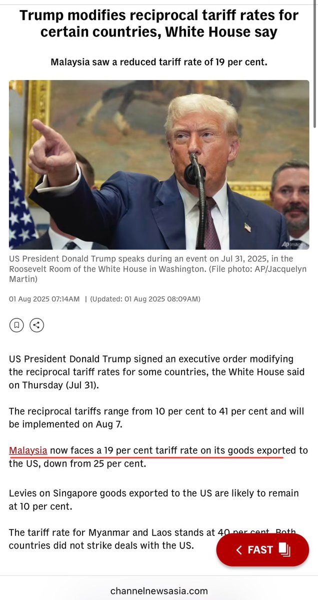 azha_investing's tweet photo. Latest from Trump executive order. Malaysia “final” tariffs at 19%, down from 25%. Grouped with 4 other ASEAN countries.
We’ll see details later. 

Tariff rate ASEAN:
19%: MALAYSIA, Indonesia, Philippines, Thailand, Cambodia
20%: Vietnam 
40%: Myanmar, Laos (no deals)
10%: Singapore (US has trade surplus)
(Source: CNA)

Done ✅ 
No deal with China yet