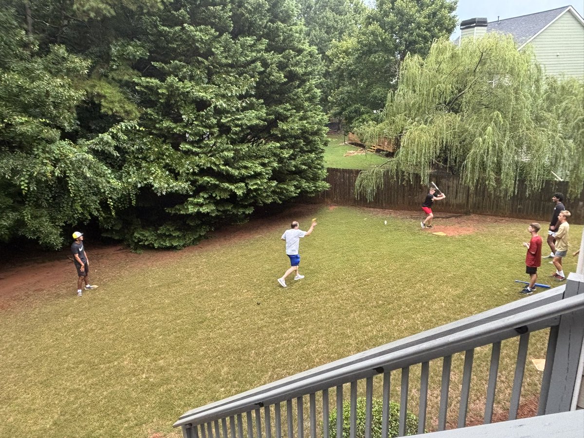 A backyard baseball game with the neighborhood boys before school starts. I was down 16-12 before the rain delay. After the rain delay, I roared back to win on a walk-off: 24-23!