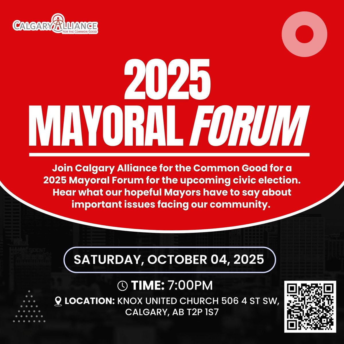 Calgary Alliance for the Common Good (@commongoodyyc) on Twitter photo Join Calgary Alliance for the Common Good as we bring mayoral candidates face-to-face with the issues that matter most to our communities.
π
October 4, 2025 | π 7:00 PM
π Knox United Church, 506 4 St SW, Calgary
Questions? Contact Ryan at ryan@calgarycommongood.org
#YYCVote Join Calgary Alliance for the Common Good as we bring mayoral candidates face-to-face with the issues that matter most to our communities.
π
October 4, 2025 | π 7:00 PM
π Knox United Church, 506 4 St SW, Calgary
Questions? Contact Ryan at ryan@calgarycommongood.org
#YYCVote