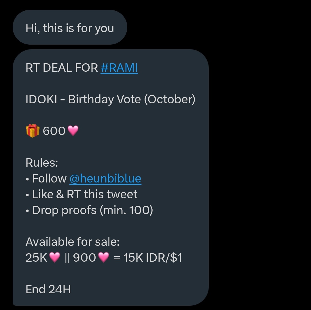 RT DEAL FOR #RAMI

IDOKI - Birthday Vote (October)

🎁 600🩷

Rules:
• Follow <a href="/heunbiblue/">Blue</a>
• Like &amp; RT this tweet
• Drop proofs (min. 100)

Available for sale: 
25K🩷 || 900🩷 = 15K IDR/$1

End 24H