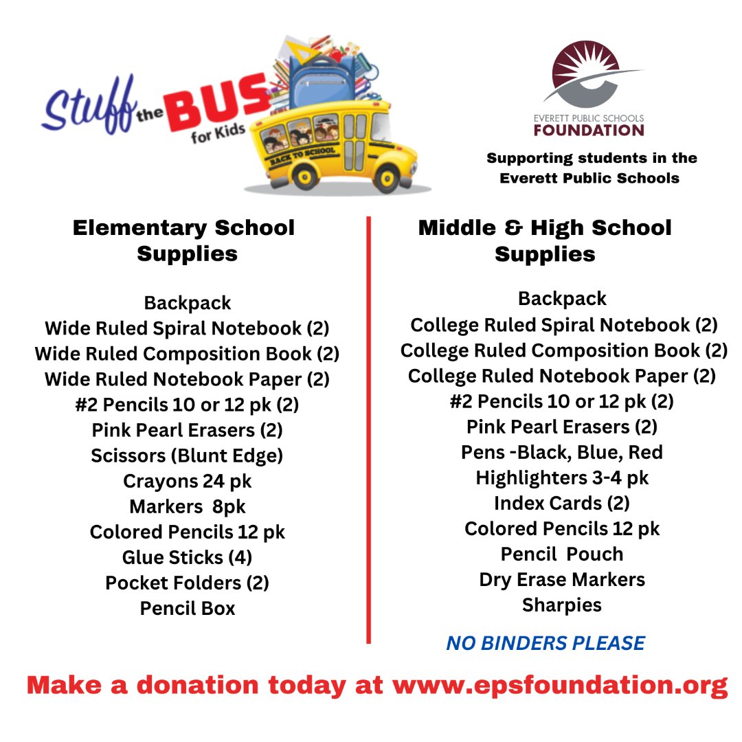 It's that time of year to Stuff the Bus and reach our goal of over 3,200 backpacks donated to Everett Public Schools students and families 🌞
Drop off your donations Aug 15th-17th at:
Fred Meyer- 12906 Bothell-Everett Hwy, Mill Creek
QFC -Claremont - 4919 Evergreen Way, Everet