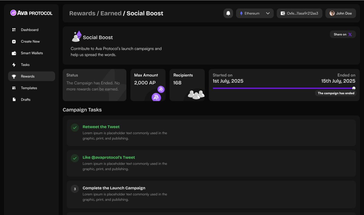 ava_protocol's tweet image. Despite that last tweet… here’s a sneak peek of the Rewards Dashboard coming to #APStudio.

Use #APStudio → automate trades and earn rewards.

Not using it yet? No problem, we’re also luanching separate Discord campaigns to reward those who help spread the mission.

Here are…