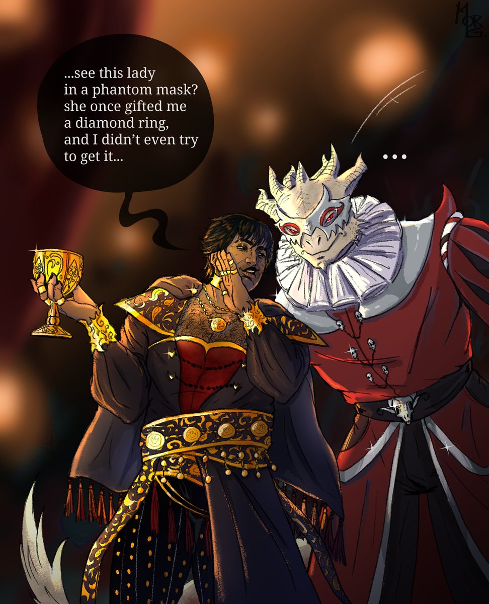 Masquerade party is one of my fav scenarios when I daydream about them. 
Especially when I think how Durge accepted this invitation. 

These pants are tight and the frill looks stupid, forgive me, Father..

(If you got the ref take a sticker)

#durgetash #bg3 #durge #gortash