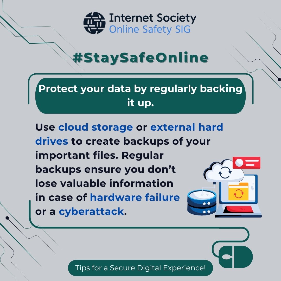 📦🔐 #StaySafeOnline – Day 5 Tips 🔐📦
Protecting your data is just as important as using it. Here are two quick tips:

1️⃣ Share Files Securely
2️⃣ Back Up Your Data Regularly

Your data, your responsibility. Stay protected!

#OnlineSafety #DataProtection <a href="/internetsociety/">Internet Society</a>