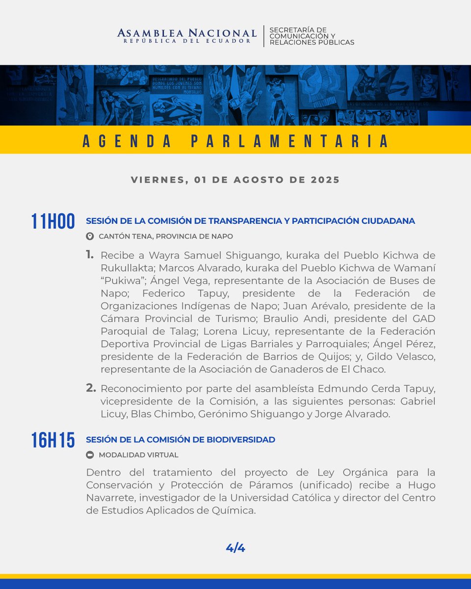 Esta es la Agenda Parlamentaria programada para mañana, viernes 01 de agosto. #AsambleaEc2025