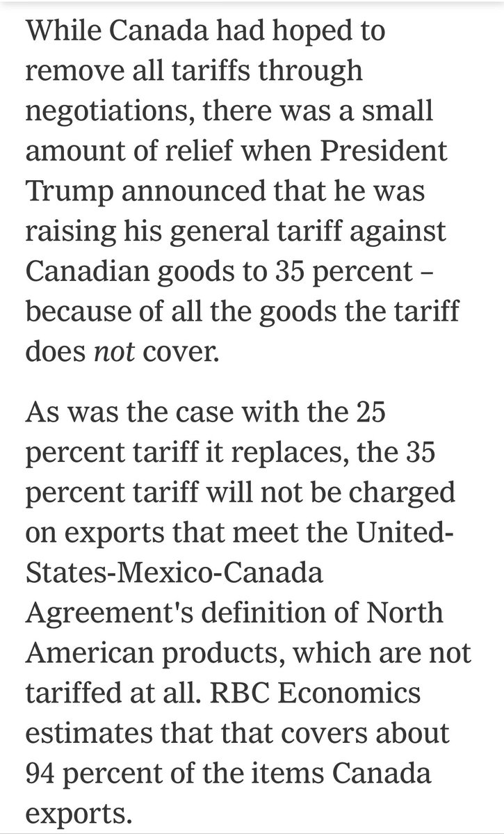 Lynda Steele 🇨🇦 (@steeletalk) on Twitter photo According to the <a href="/nytimes/">The New York Times</a> - the 35% tariff imposed by Trump this afternoon does not even apply to 94% of Canadian goods. 🎉 According to the <a href="/nytimes/">The New York Times</a> - the 35% tariff imposed by Trump this afternoon does not even apply to 94% of Canadian goods. 🎉