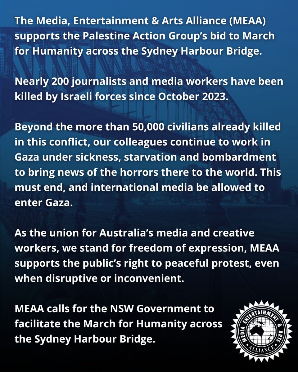MEAA supports the Palestine Action Group’s bid to March for Humanity across the Sydney Harbour Bridge.

meaa.io/4laIpSL