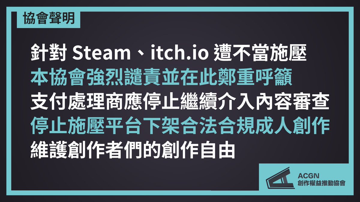 遊戲平台「Steam」、「itch.io」近期遭到支付處理商「Visa」、「Mastercard」、「PayPal」及澳洲維權組織「Collective