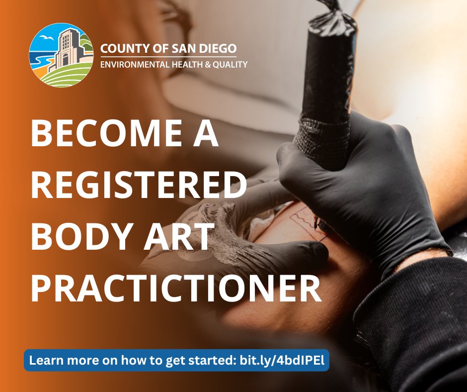 SDEnvirohealth's tweet image. Are you a #bodyart practitioner, thinking of becoming one, or need to renew your registration?

Registration is required, and we&apos;ve made it easy to #getitdone with annual training and a full checklist of requirements. ✅ Visit our website for details. bit.ly/4bdIPEl!