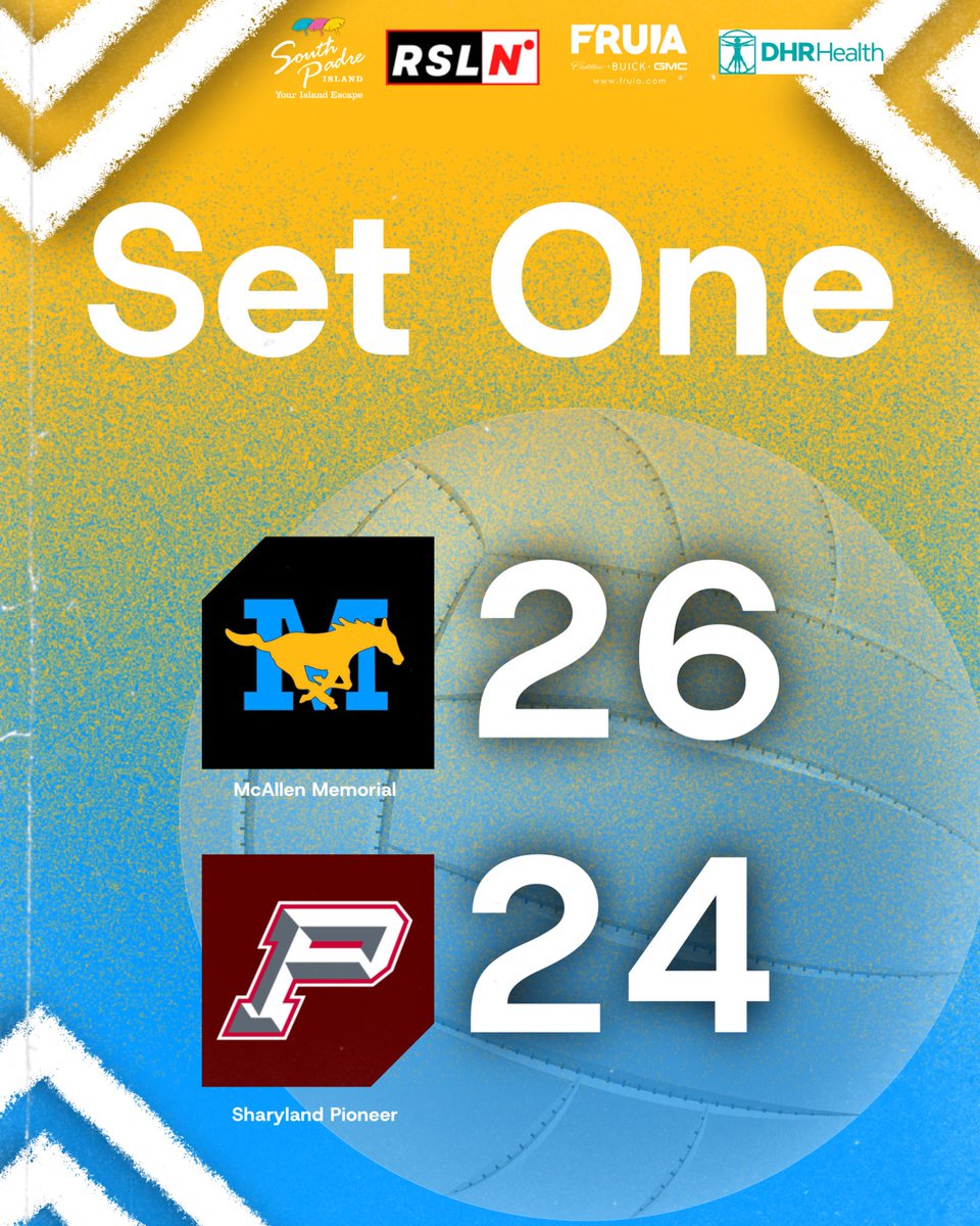 McAllen Memorial takes set 1 over Sharyland Pioneer 26-24. 

#RSLVolleyball
“Brought to you in part by T-Mobile. Now serving
Raymondville, Port Isabel, and Rio Grande City".