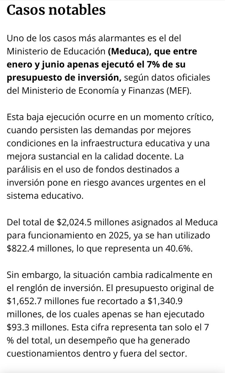 Increíble: entre enero y junio la Ministra de Educación <a href="/MeducaPma/">Ministerio de Educación de Panamá</a> apenas ejecutó el 7% de su presupuesto de inversión, según datos oficiales del Ministerio de Economía y Finanzas (MEF). 
Cuando una funcionaria acepta liderar el sistema educativo nacional y no es capaz de