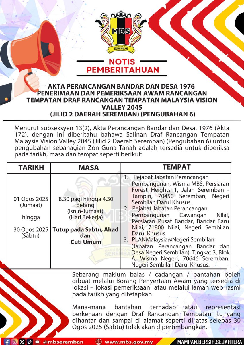 PEMBERITAHUAN PROGRAM PUBLISITI DAN PENYERTAAN AWAM DRAF RANCANGAN TEMPATAN RANCANGAN TEMPATAN MALAYSIA VISION VALLEY 2045 (JILID 2 DAERAH SEREMBAN) (PENGUBAHAN 6)