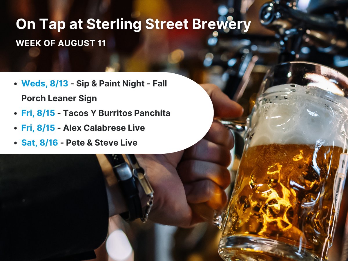 Upcoming Events at @sterlingstbrew – Week of August 11
Summer music continues at SSB. Plus we have Sip &amp; Paint and tacos in the lineup this week!
See the full schedule on the #SterlingStreetBrewery Facebook page: facebook.com/sterlingstreet…