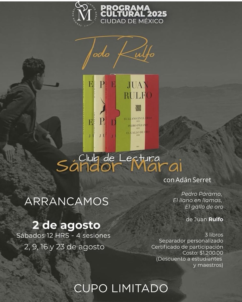 Tenemos un par de lugares libres en el club de lectura de <a href="/SandorMaraiCDMX/">Sándor Márai Librería CDMX</a>, este mes dedicado a Juan Rulfo. Será dirigido por <a href="/AdanSerret/">Adán Ramírez Serret</a>.

Informes por DM y en las redes de la librería. Comenzamos este sábado.