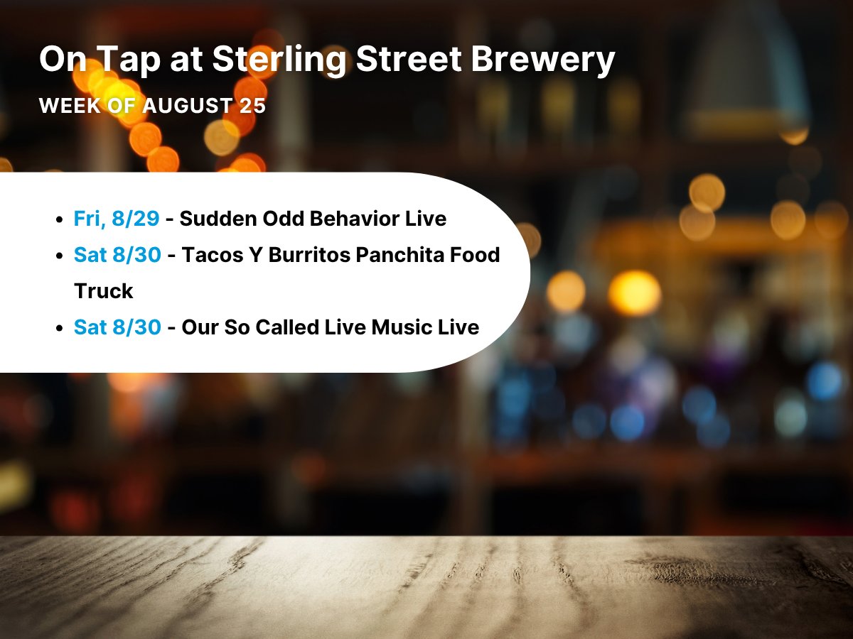 Upcoming Events at @sterlingstbrew – Week of August 25
Music + tacos + local brews = your weekend plans.
 @sterlingstbrew is bringing the energy Aug 29–30 with live bands and top-notch bites.
See the full schedule on the #SterlingStreetBrewery Facebook page: