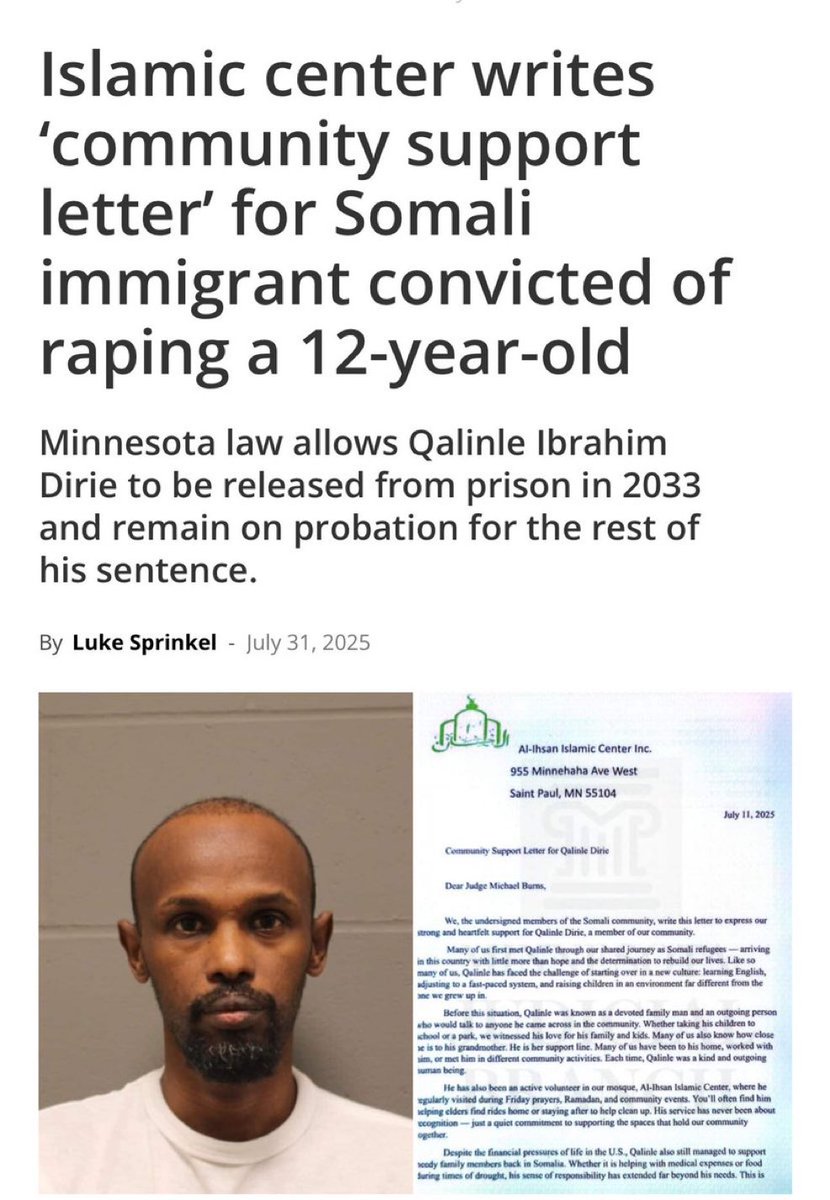 BREAKING: A Somali immigrant in Minneapolis has been sentenced to 12 years in prison for raping a 12-year-old girl.

After his conviction, an Islamic center in St. Paul wrote a community support letter for him.