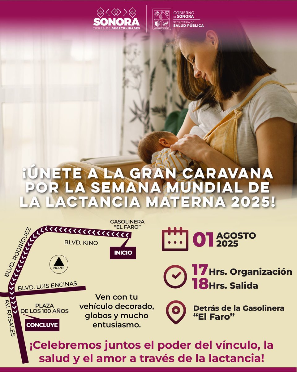 Salud Sonora (@ssaludsonora) on Twitter photo 🤱 ¡Este viernes acompáñanos a la Caravana por la Lactancia Materna 2025!
📍 Gasolinera El Faro
🕔 Cita: 17:00 h | Salida: 18:00 hrs
Con el apoyo del gobernador <a href="/AlfonsoDurazo/">Alfonso Durazo</a> promovemos salud desde el inicio 💜
#SaludSonora
#PrevenciónEsSalud 🤱 ¡Este viernes acompáñanos a la Caravana por la Lactancia Materna 2025!
📍 Gasolinera El Faro
🕔 Cita: 17:00 h | Salida: 18:00 hrs
Con el apoyo del gobernador <a href="/AlfonsoDurazo/">Alfonso Durazo</a> promovemos salud desde el inicio 💜
#SaludSonora
#PrevenciónEsSalud