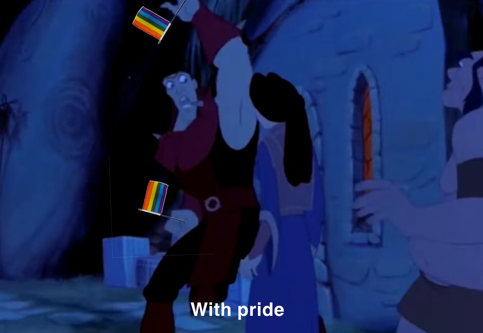Lost meme media does anyone recall a small clip or gif of the scene in that Camelot movie where the guy says “with pride” but he’s edited with pride flags (my rendition below)