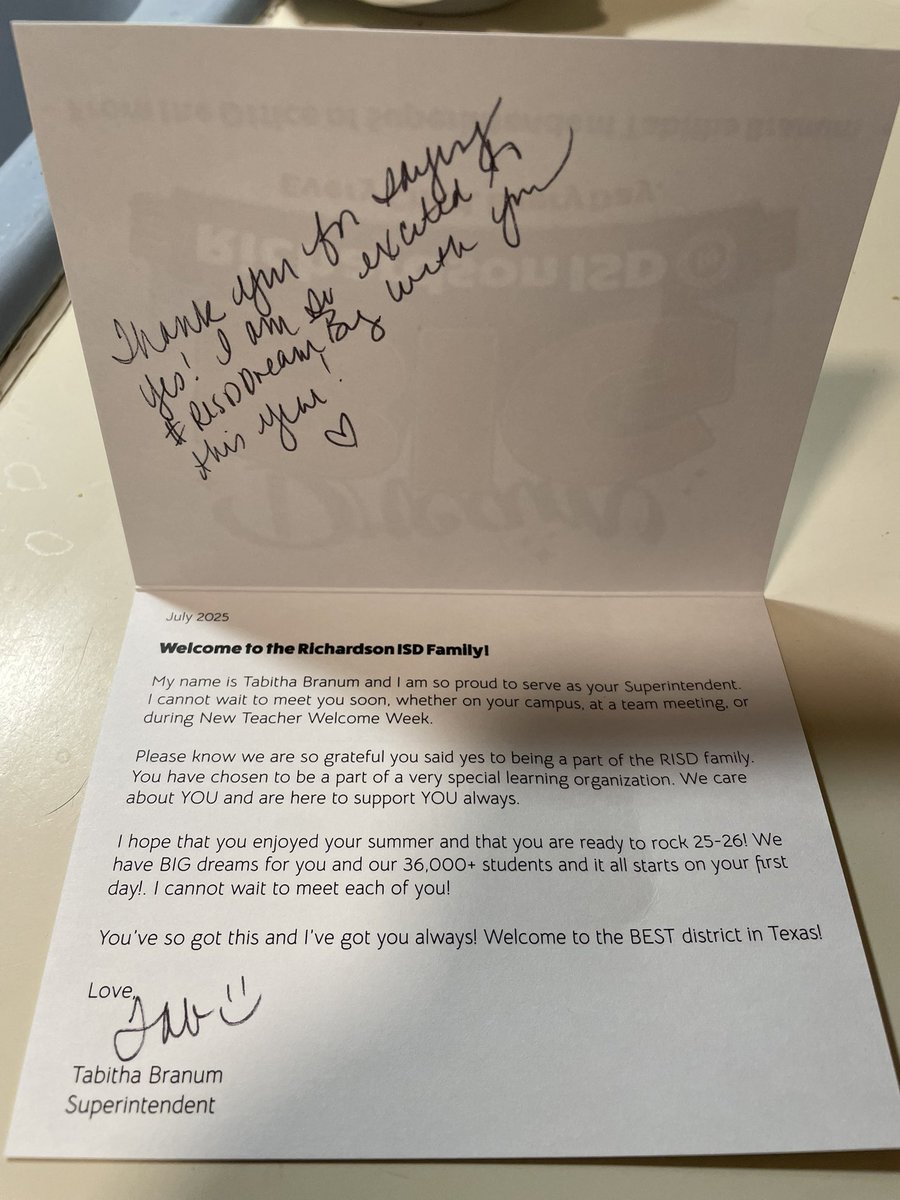 Pearce HS Orchestras (@pearceorchestra) on Twitter photo MY Superintendent writes a handwritten note to my husband to welcome him back to the classroom. #RISDDreamBig <a href="/IamBranum/">Tabitha Branum</a> <a href="/RichardsonISD/">Richardson ISD</a> MY Superintendent writes a handwritten note to my husband to welcome him back to the classroom. #RISDDreamBig <a href="/IamBranum/">Tabitha Branum</a> <a href="/RichardsonISD/">Richardson ISD</a>