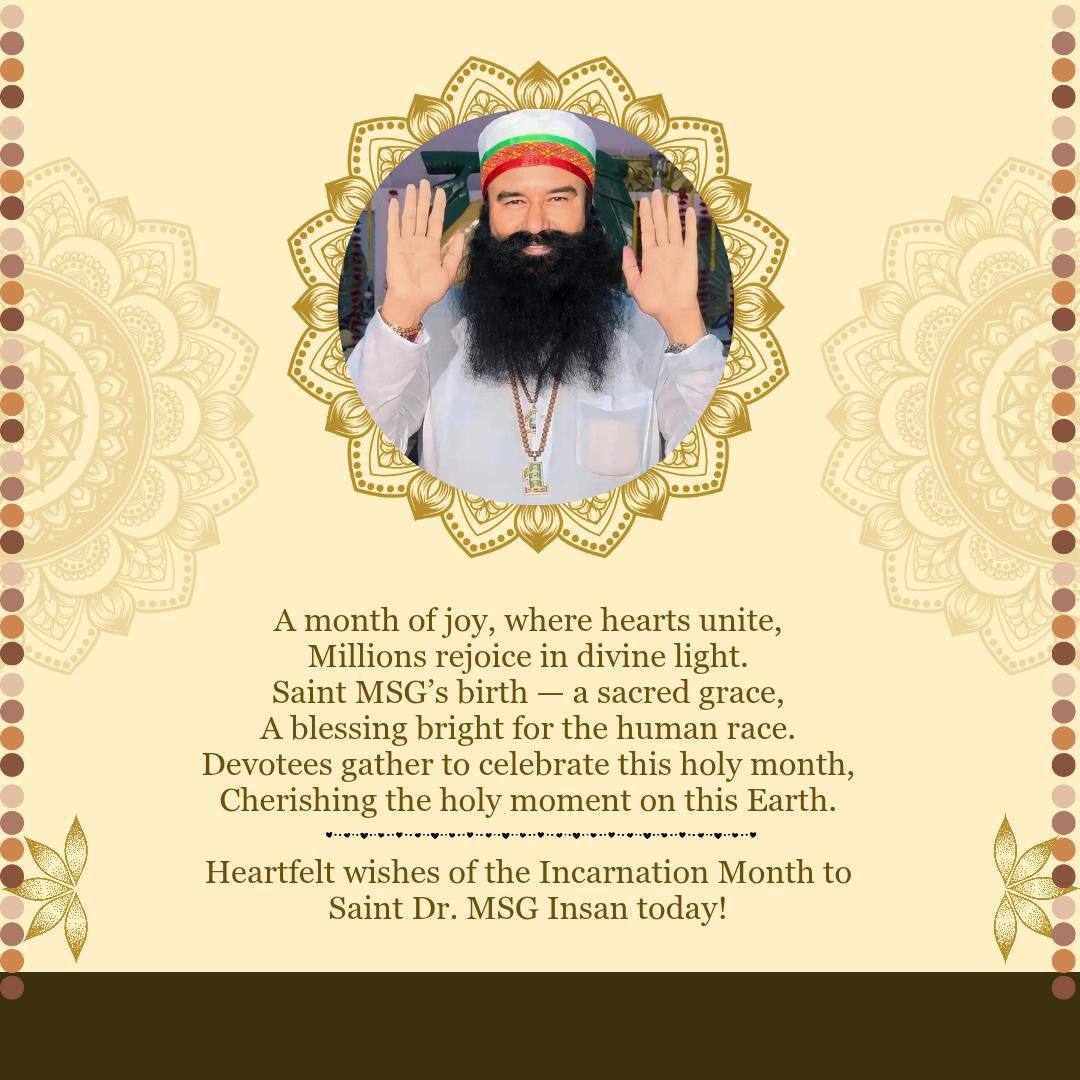 We are eternally grateful to Saint Dr. MSG for helping millions live vice-free.
Let the month of mega celebrations begin with love, compassion, faith &amp; service to humanity, as we soak in the bliss of 58th Incarnation Month of Saint Ram Rahim Ji.

#KhushiyonKaMahina
#BlessedFriday