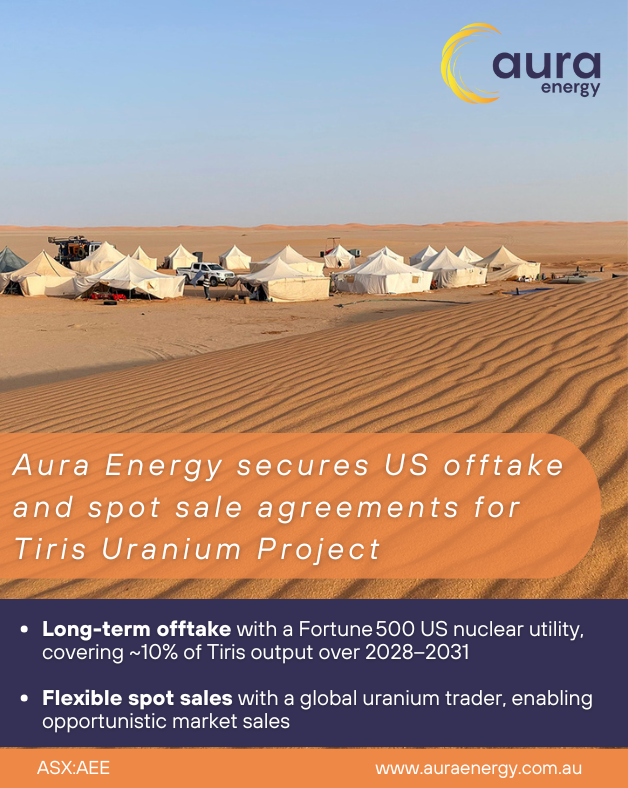 aee_auraenergy's tweet photo. Aura Energy secures two milestone deals for Tiris Uranium Project:
• Long-term offtake with Fortune 500 US utility (~10% output, 2028–2031)
• Spot sales agreement with global uranium trader
➡️ Major step toward production &amp; clean energy goals.

https://t.co/2cvfuXv4kl
#uranium https://t.co/V6OWL2m8aH