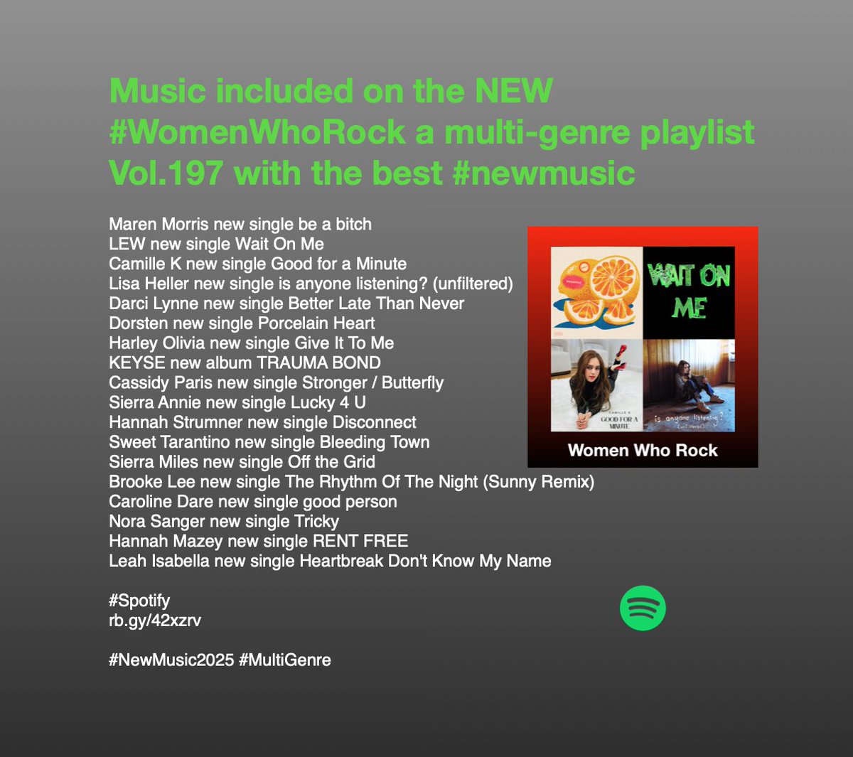ScottKash88's tweet image. Music included on the NEW #WomenWhoRock a multi-genre playlist Vol.197 with the best #newmusic 
@ItsDarciLynne
@DorstenMusic
@HarleyOlivia2
@KEYSEMUSIC
@cassidyparisj
@sierraxannie
@hannahstrumner
@404smnotfound
@CDareMusic
@HannahMazey
@Leah_Isabella_

#NewMusic2025 #MultiGenre