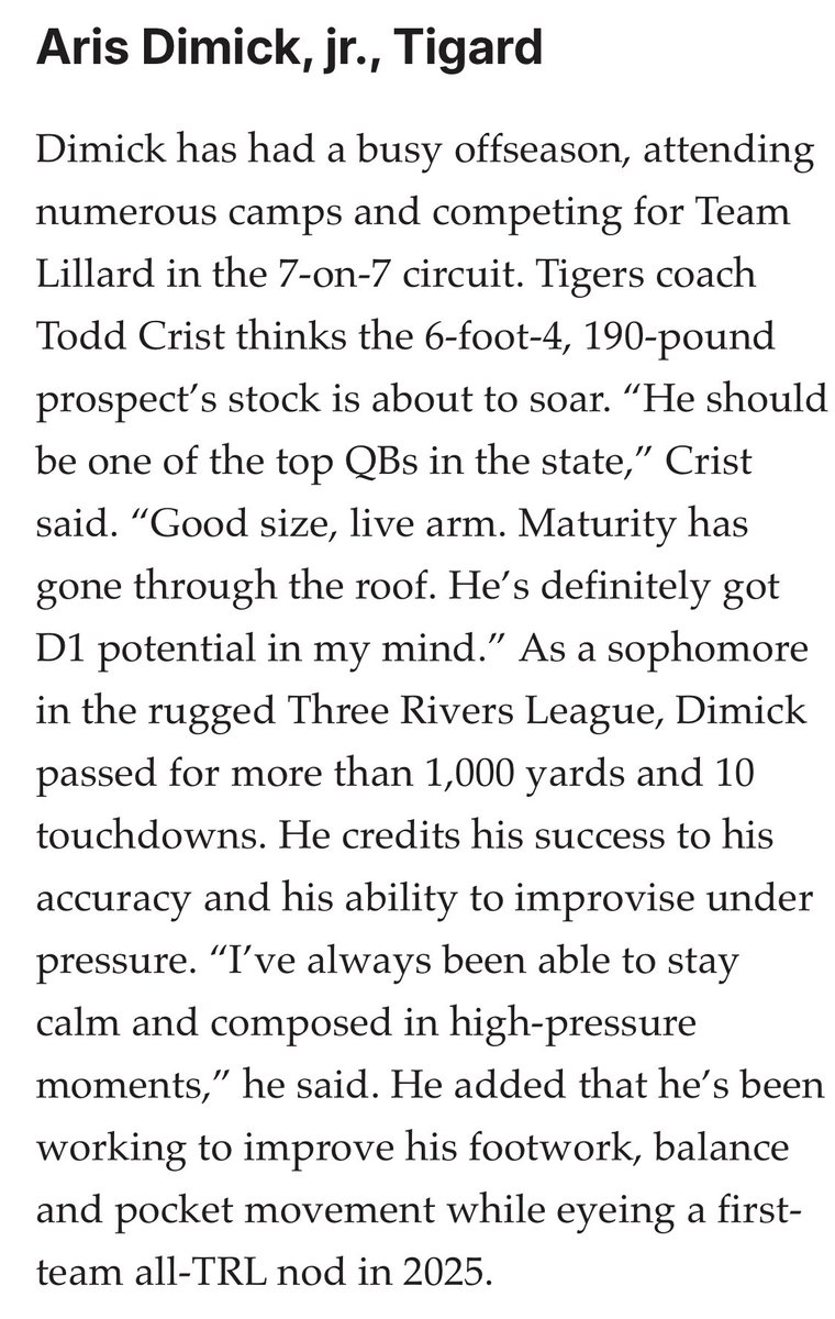 Aris Dimick (@aris_dimick) on Twitter photo Appreciate the article from <a href="/jhumburg/">JD Humburg</a> and <a href="/hssports_olive/">Oregonian HS Sports</a>!! 💚🖤
<a href="/CoachWhitleyII/">Will Whitley</a> <a href="/LukeNess81/">Luke</a> <a href="/TigerNationFB/">Tigard Football</a> <a href="/todd_crist/">Todd Crist</a> Appreciate the article from <a href="/jhumburg/">JD Humburg</a> and <a href="/hssports_olive/">Oregonian HS Sports</a>!! 💚🖤
<a href="/CoachWhitleyII/">Will Whitley</a> <a href="/LukeNess81/">Luke</a> <a href="/TigerNationFB/">Tigard Football</a> <a href="/todd_crist/">Todd Crist</a>